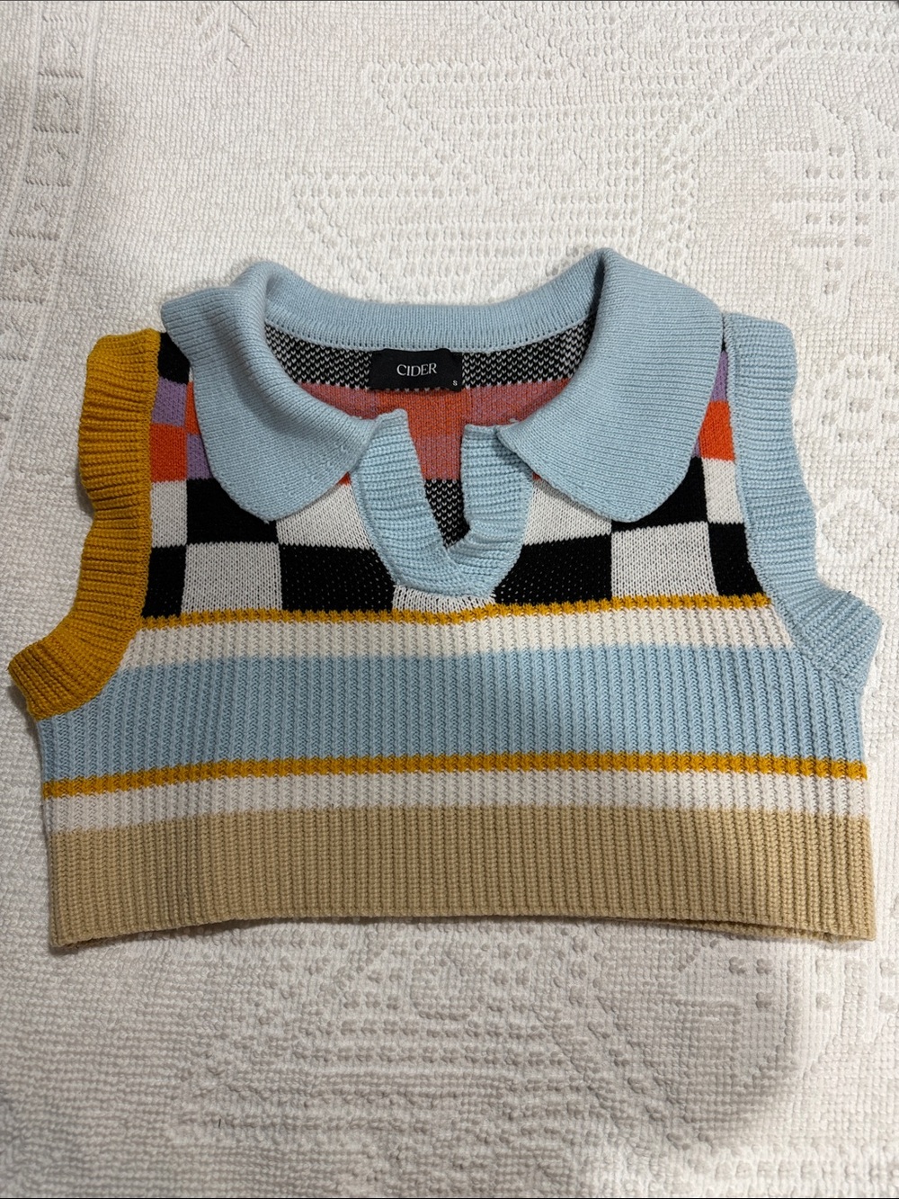 Cider Colorblock Polo Knit Vest - Light Blue, Mustard & Beige